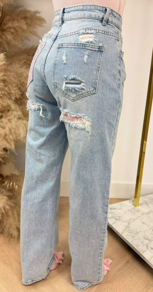 GLITTER POCKET PINK JEANS DENIMBLUE