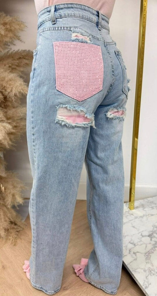 GLITTER POCKET PINK JEANS DENIMBLUE